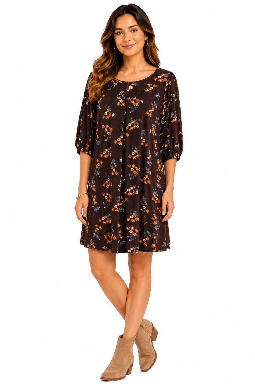 JFW Women's Brown Floral A-Line Dress 3/4 Sleeve Boho Cottagecore Size Medium